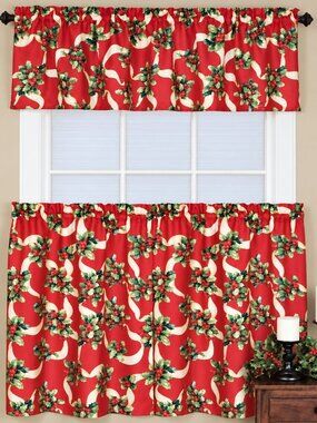 Elrene Christmas Holly Ribbons Curtains and Valance Red Holiday 3 Piece Set
